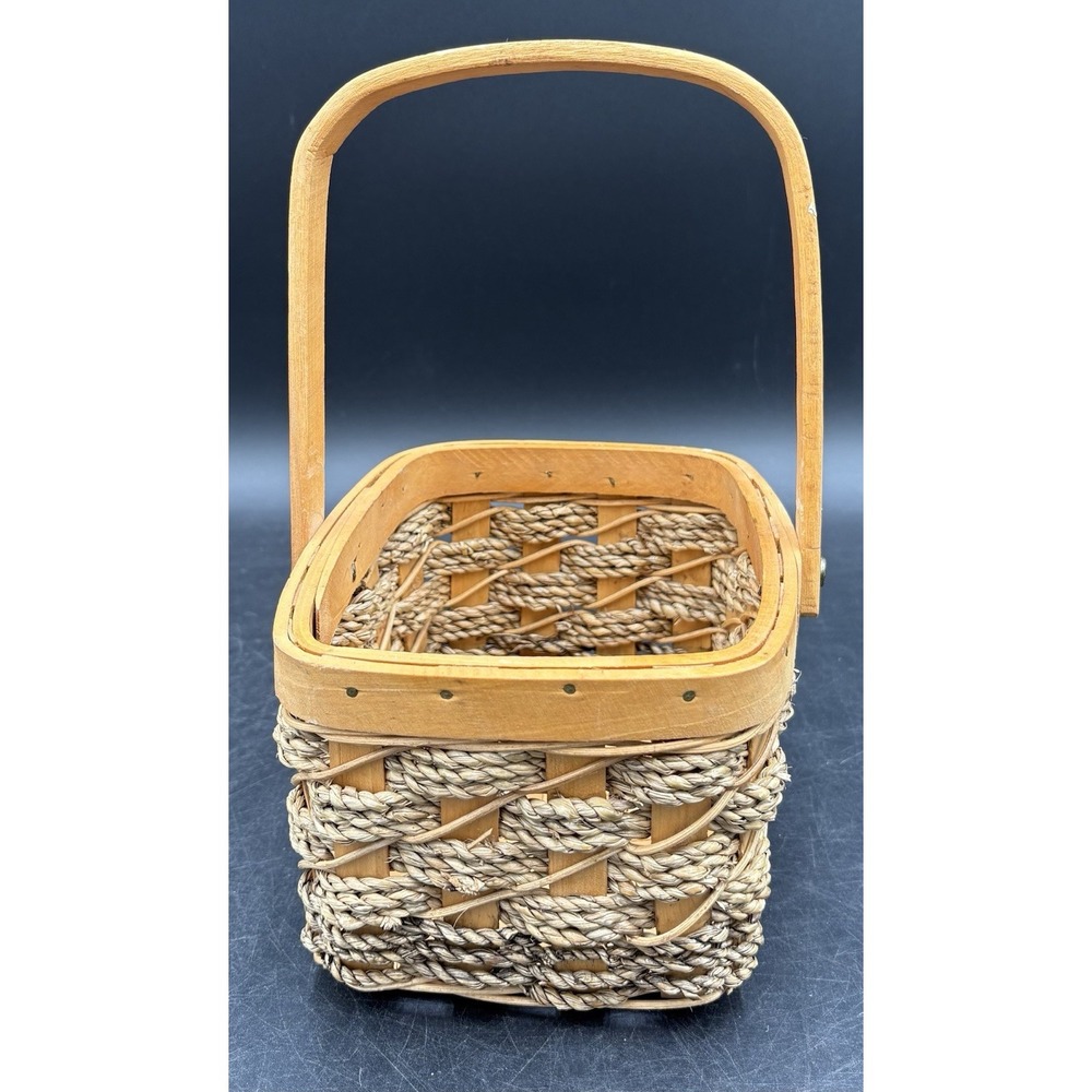 Vtg 6" Square Handled Wood slat rope Basket folding handle decor Easter Spring